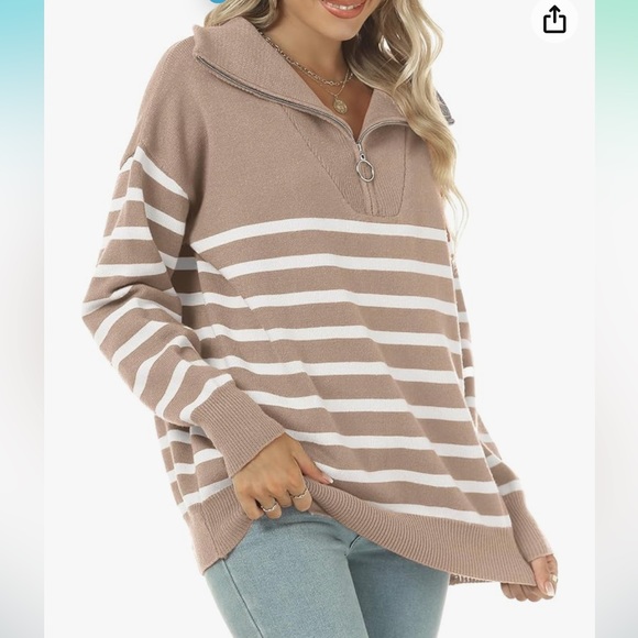 Striped Sweaters Half-Zip Long Sleeve Oversized Pullover - Picture 5 of 12